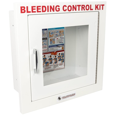 Durable wall-mounted case designed to store Stop the Bleed medical equipment.