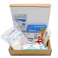 Box of bandages and scissors and strips for a 25 person First Aid Kit