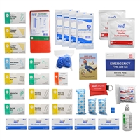 This first aid kit has everything you need. 4 certi strips, 1 first aid guide book, scissors, trauma pad and much more